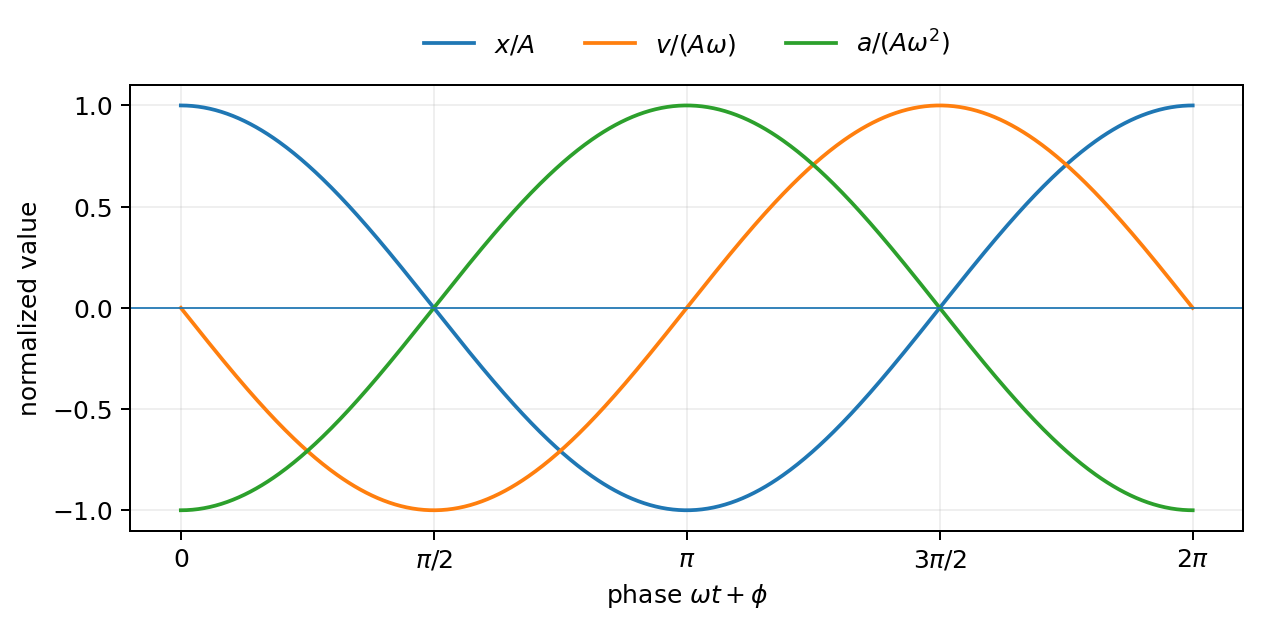 ความสัมพันธ์เชิง phase ของ displacement, velocity และ acceleration
